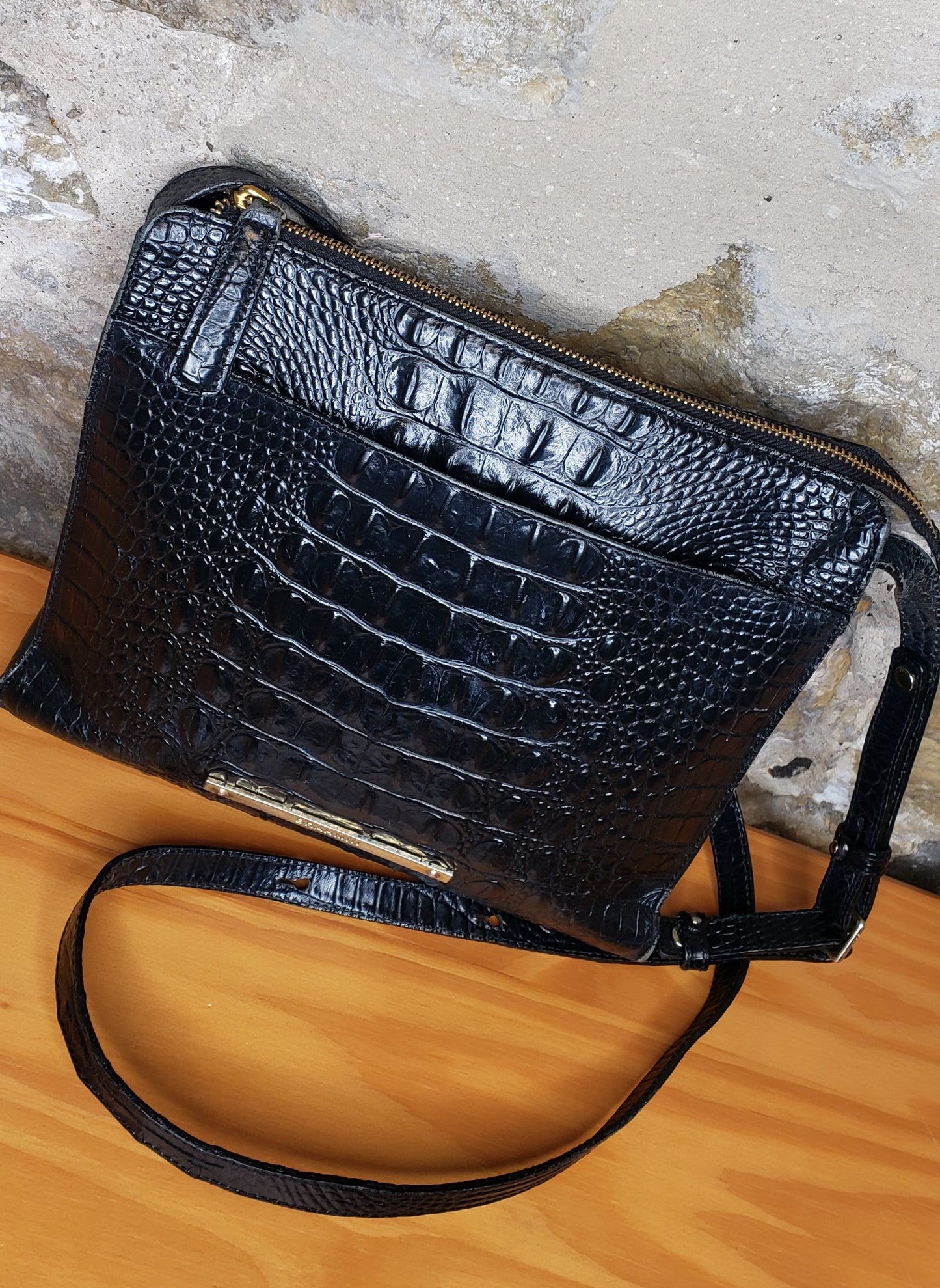 Brahmin Black Leather Crocodile Crossbody