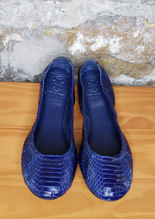 Tory Burch Blue Snakeskin Eddie Flats Sz 8.5 M