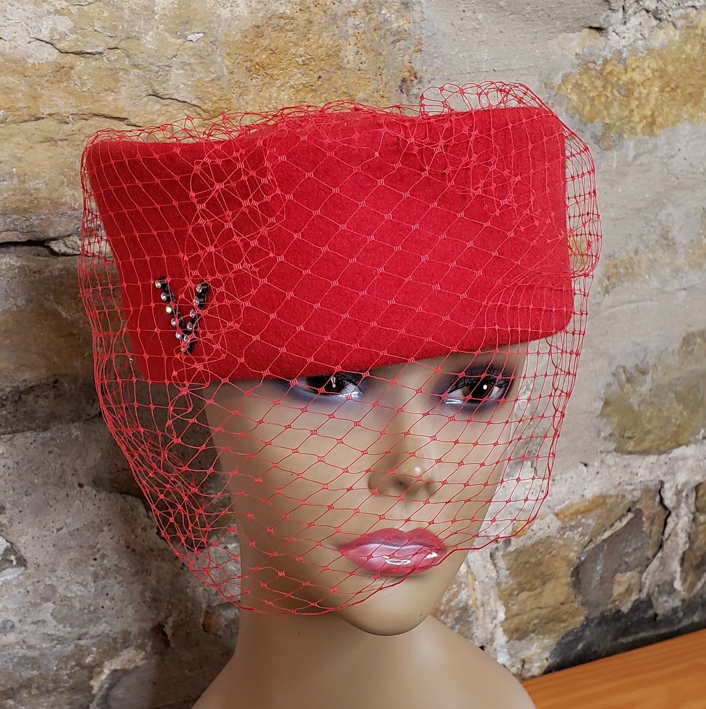 Vintage Red Wool Veil Hat