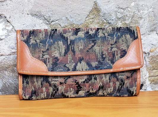 Vintage Tan Leather and Fabric Clutch