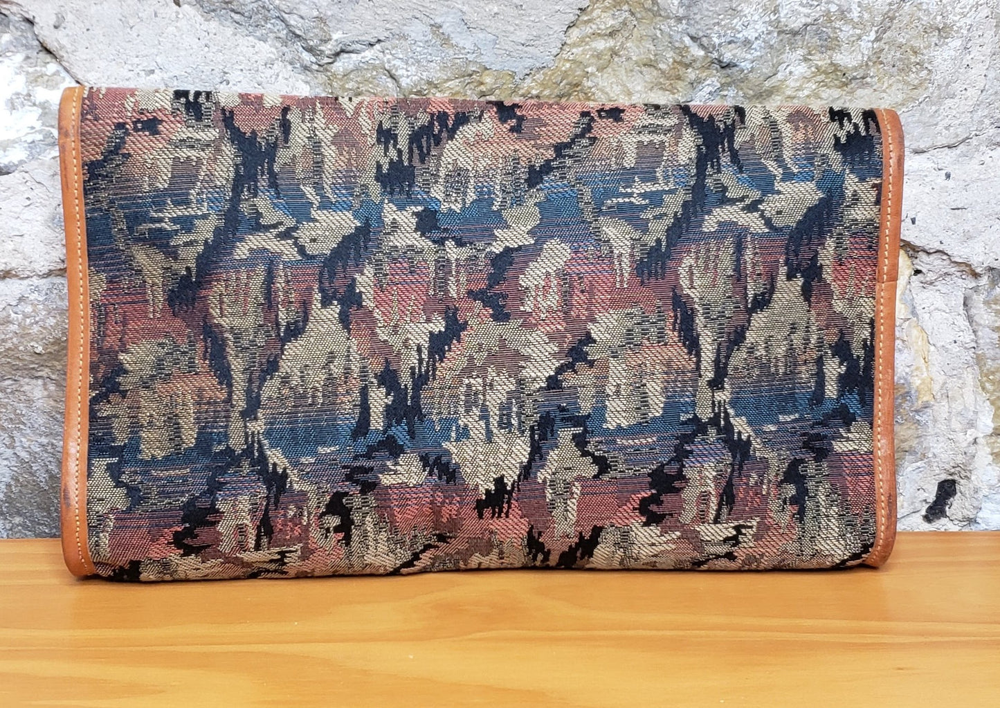 Vintage Tan Leather and Fabric Clutch