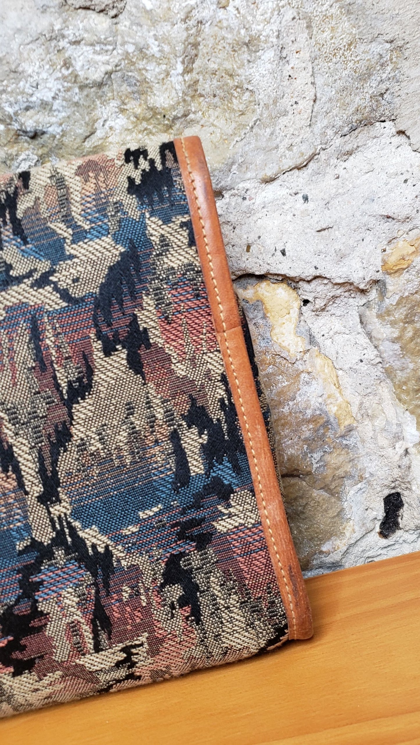 Vintage Tan Leather and Fabric Clutch