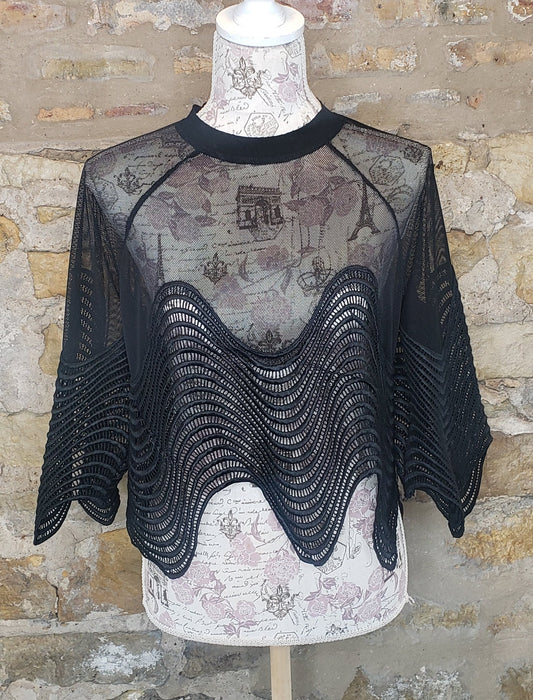 Black Sheer Chevron Top Sz S