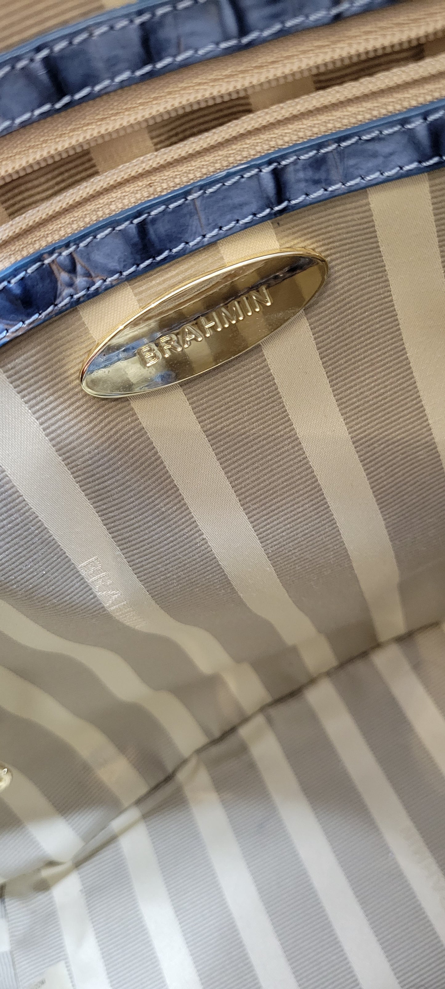 Brahmin Tan and Blue Crocodile Embossed Tote