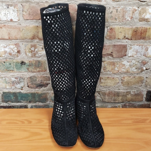 Prada Black Suede Laser Cut Out Boots Sz 39 1/2