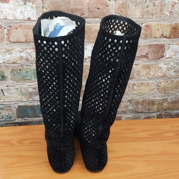 Prada Black Suede Laser Cut Out Boots Sz 39 1/2