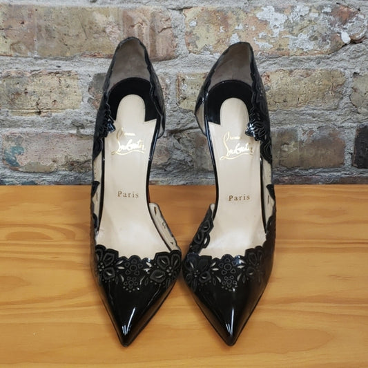 Christian Louboutin Black Patent Leather Laser Cut Heels Sz 41