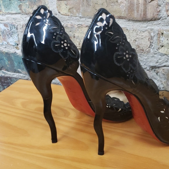 Christian Louboutin Black Patent Leather Laser Cut Heels Sz 41
