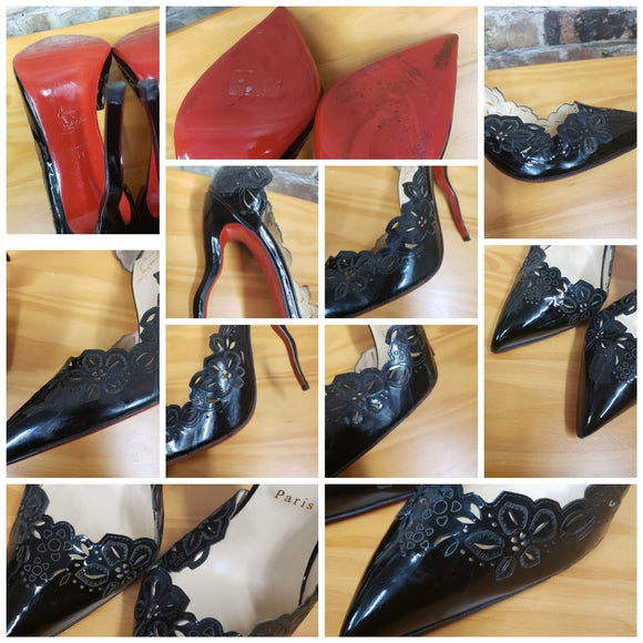 Christian Louboutin Black Patent Leather Laser Cut Heels Sz 41