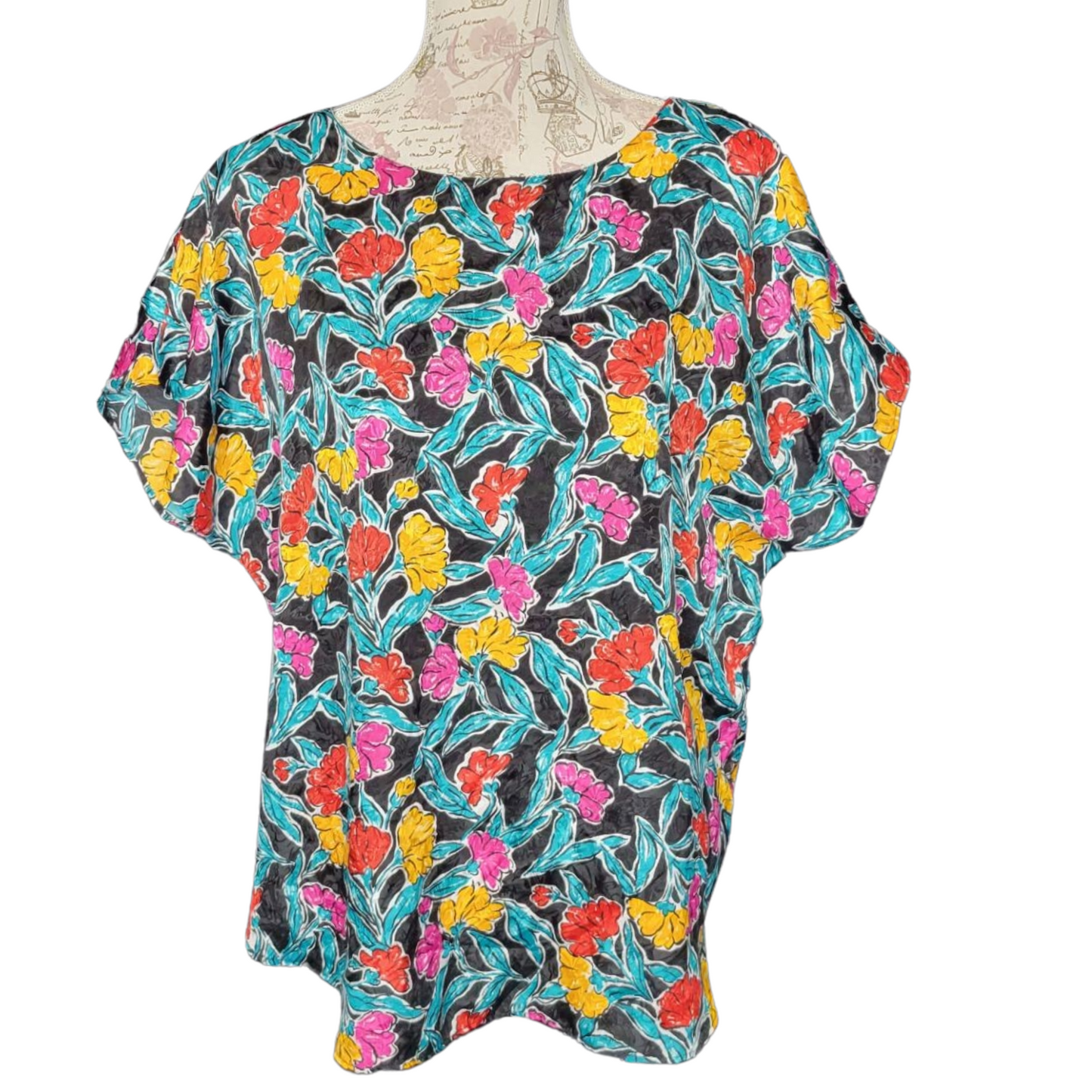 Vintage Bright Floral Print Blouse Sz 16
