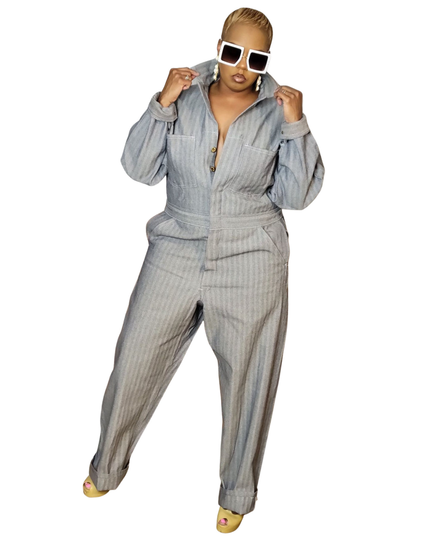 Denim Pinstripe Utility Jumpsuit Sz M-XL