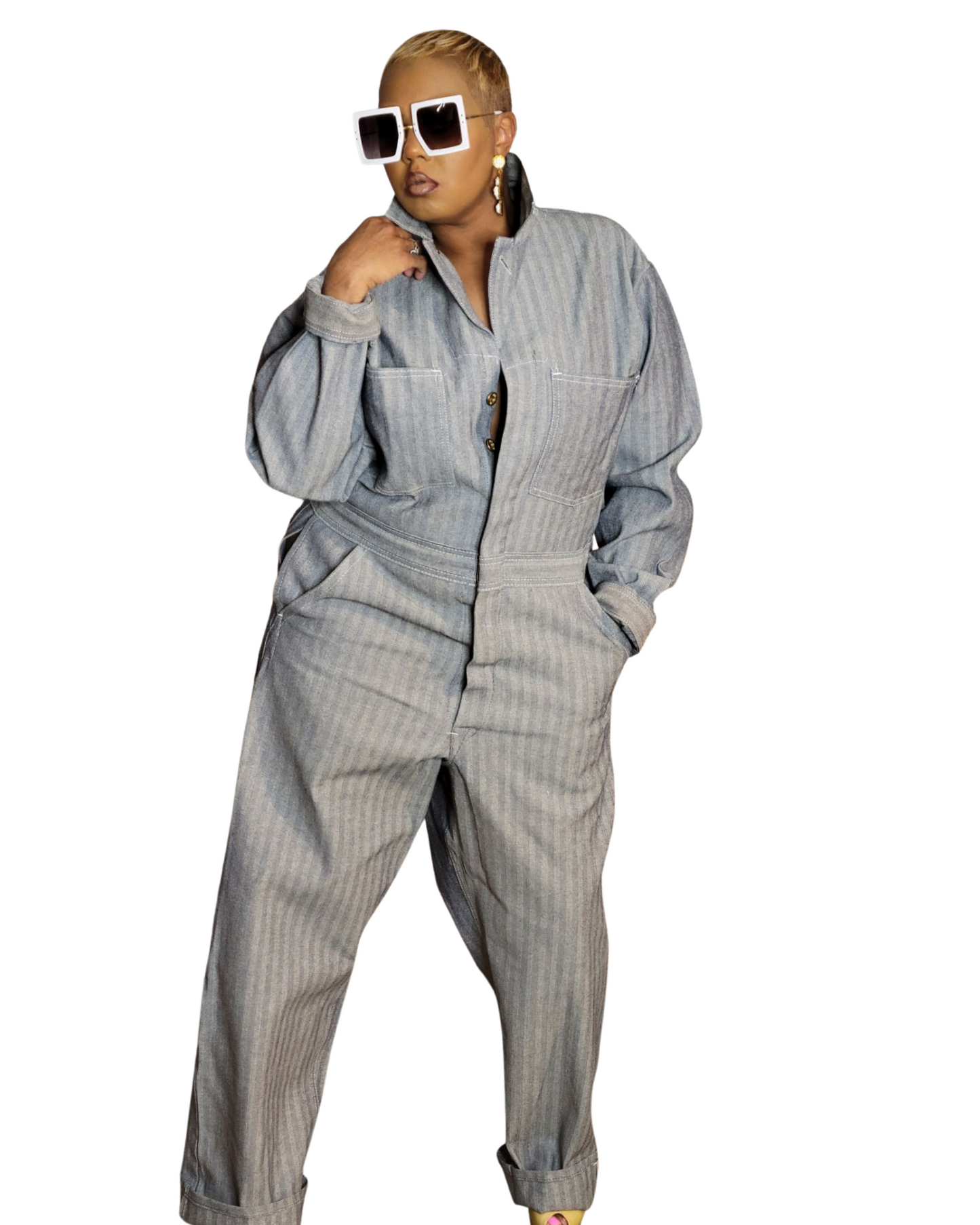Denim Pinstripe Utility Jumpsuit Sz M-XL