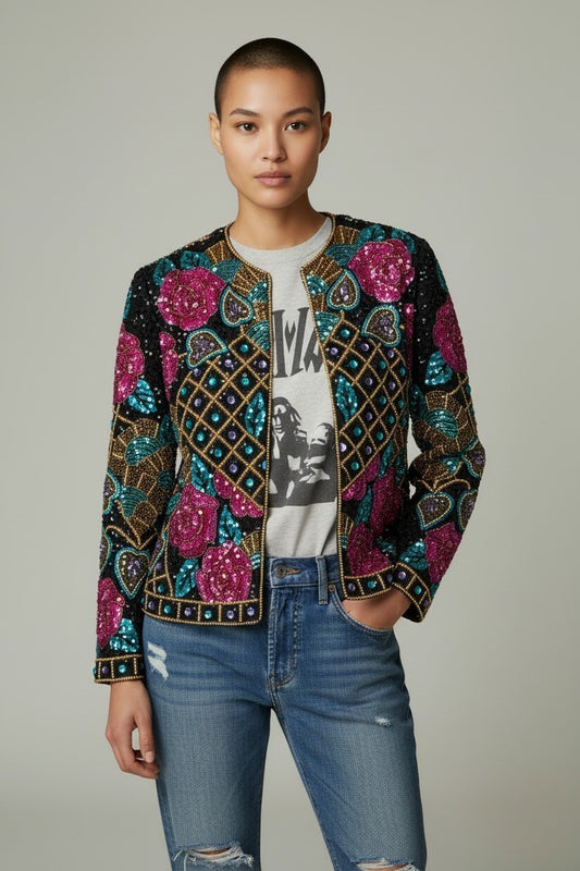 Vintage Joan Leslie Evenings Sequin Beaded Jacket | Black Pink Teal Gold Statement Evening Jacket Sz XL