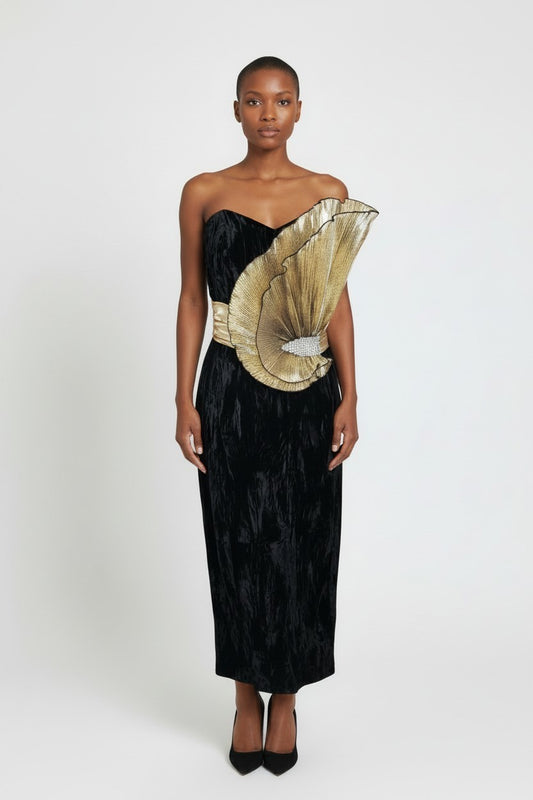 Rare Vintage 1980s Dave & Johnny by Joseph Lara Black Gold Sculptural Evening Dress Size 10