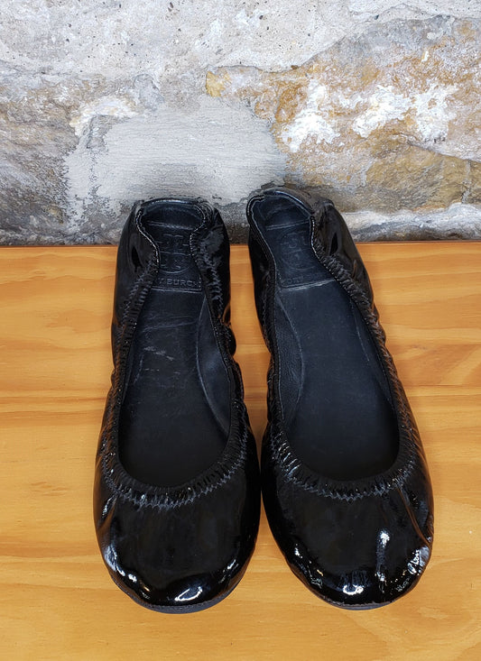 Tory Burch Black Patent Leather Eddie Flats Sz 7