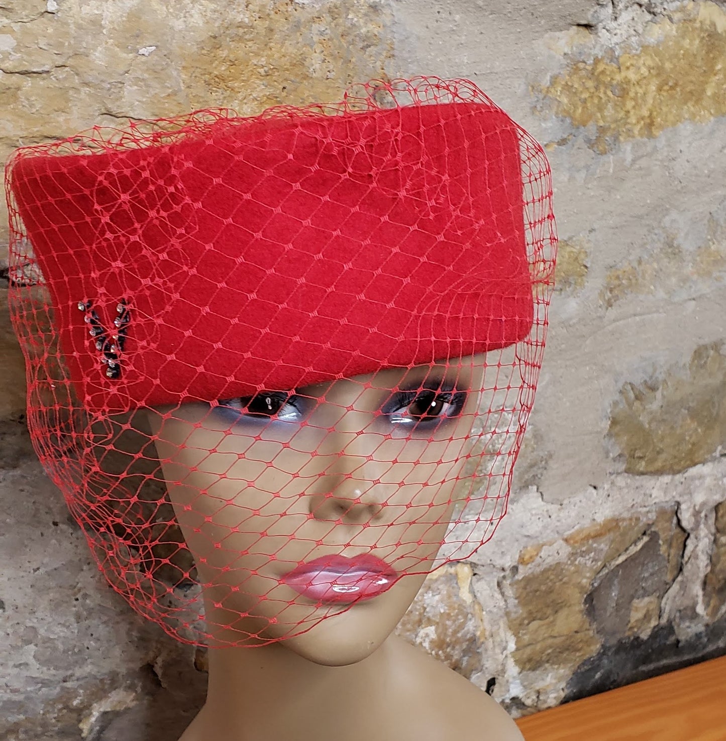 Vintage Red Wool Veil Hat