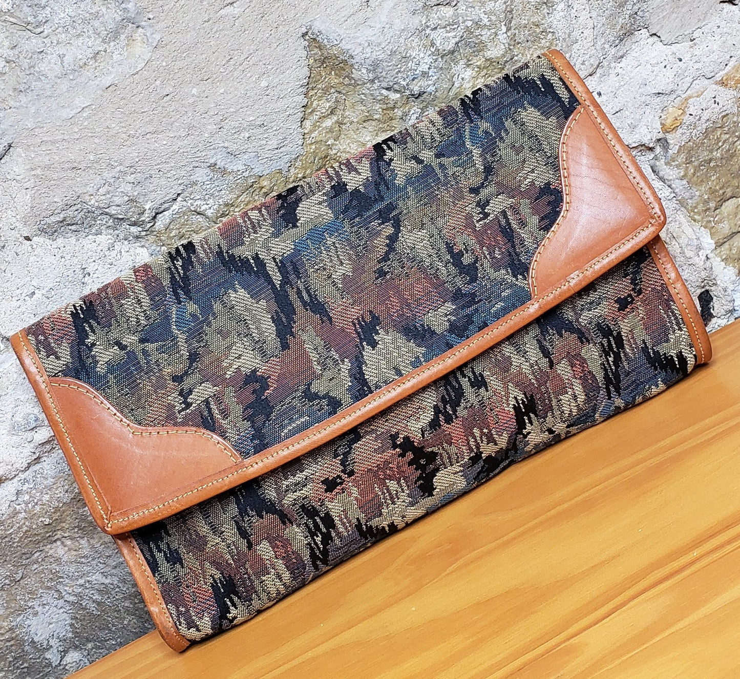 Vintage Tan Leather and Fabric Clutch