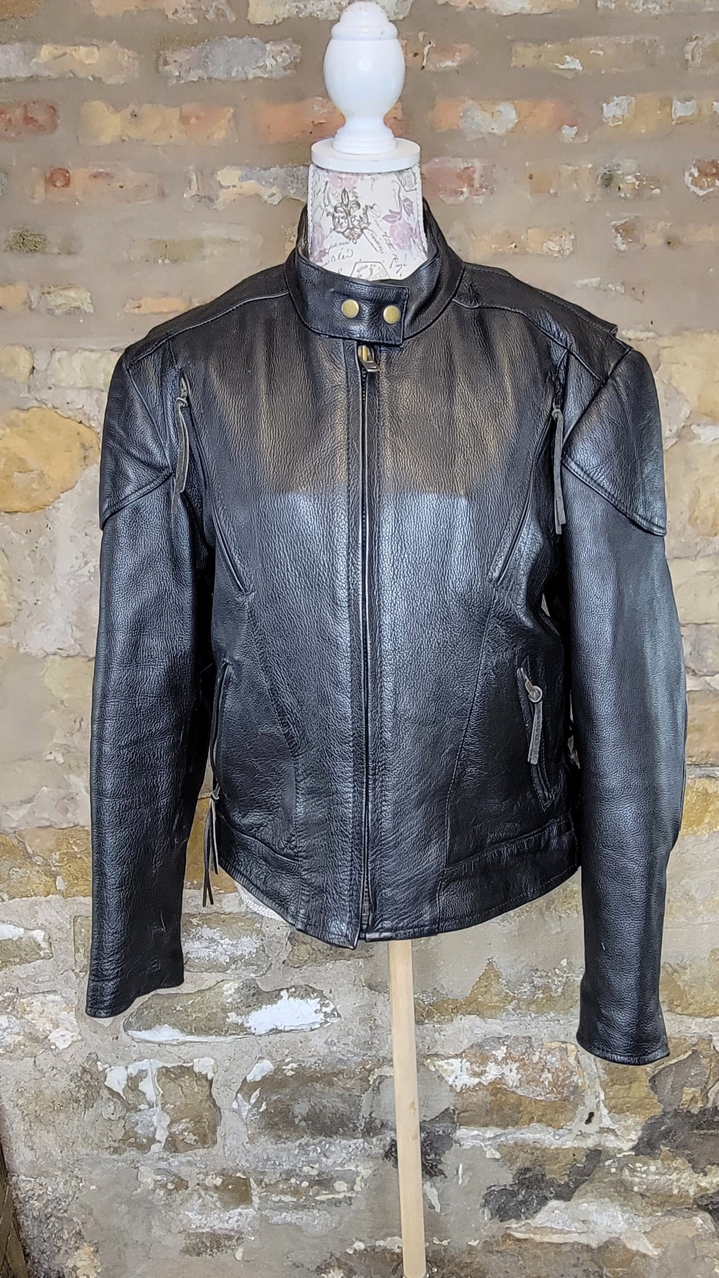 Leather King Black Motor Cycle Jacket Sz L