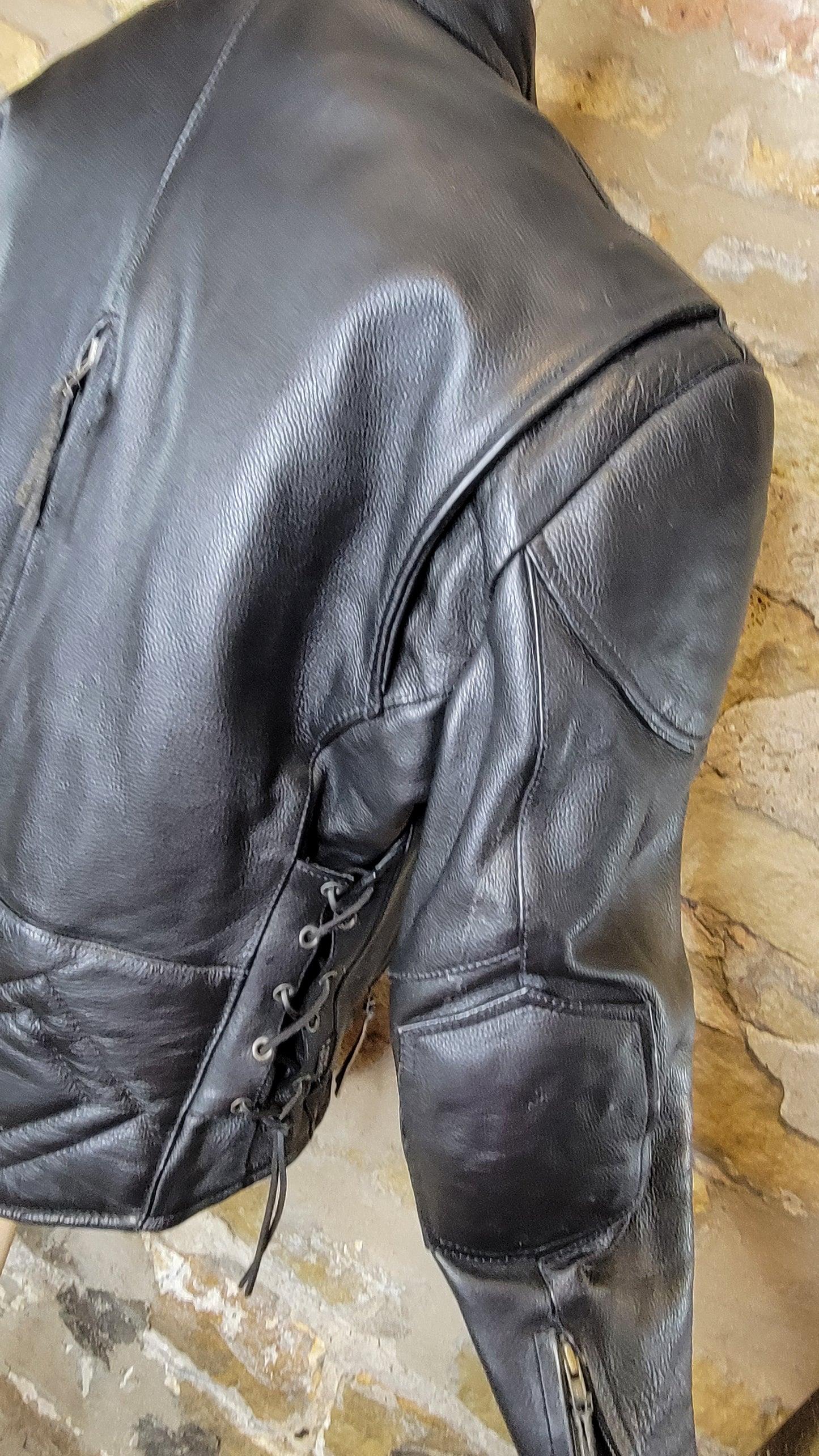 Leather King Black Motor Cycle Jacket Sz L
