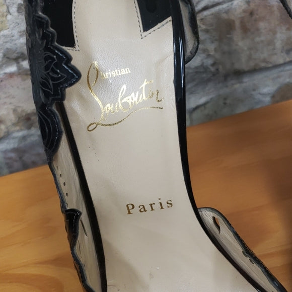 Christian Louboutin Black Patent Leather Laser Cut Heels Sz 41